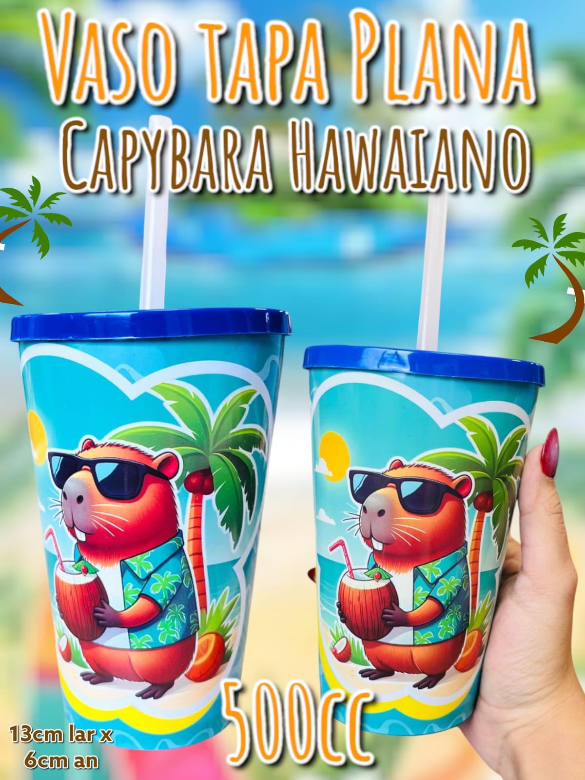 Vaso Tapa Plana Capybara Hawaiano 500cc