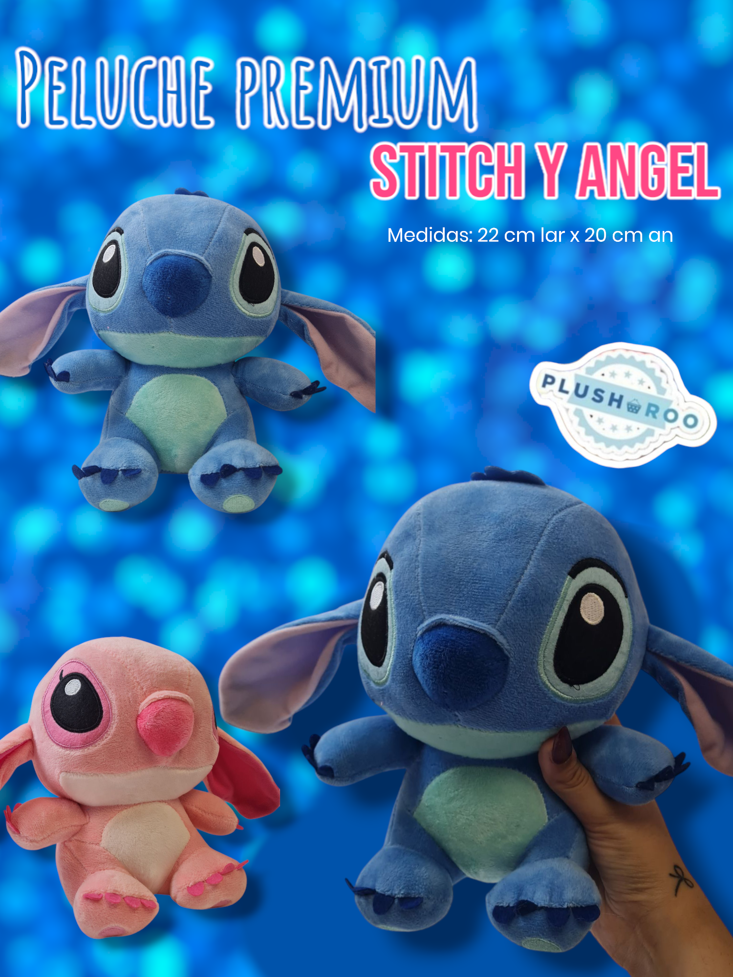 Peluche Premium PLUSHAROO Stitch y Angel 