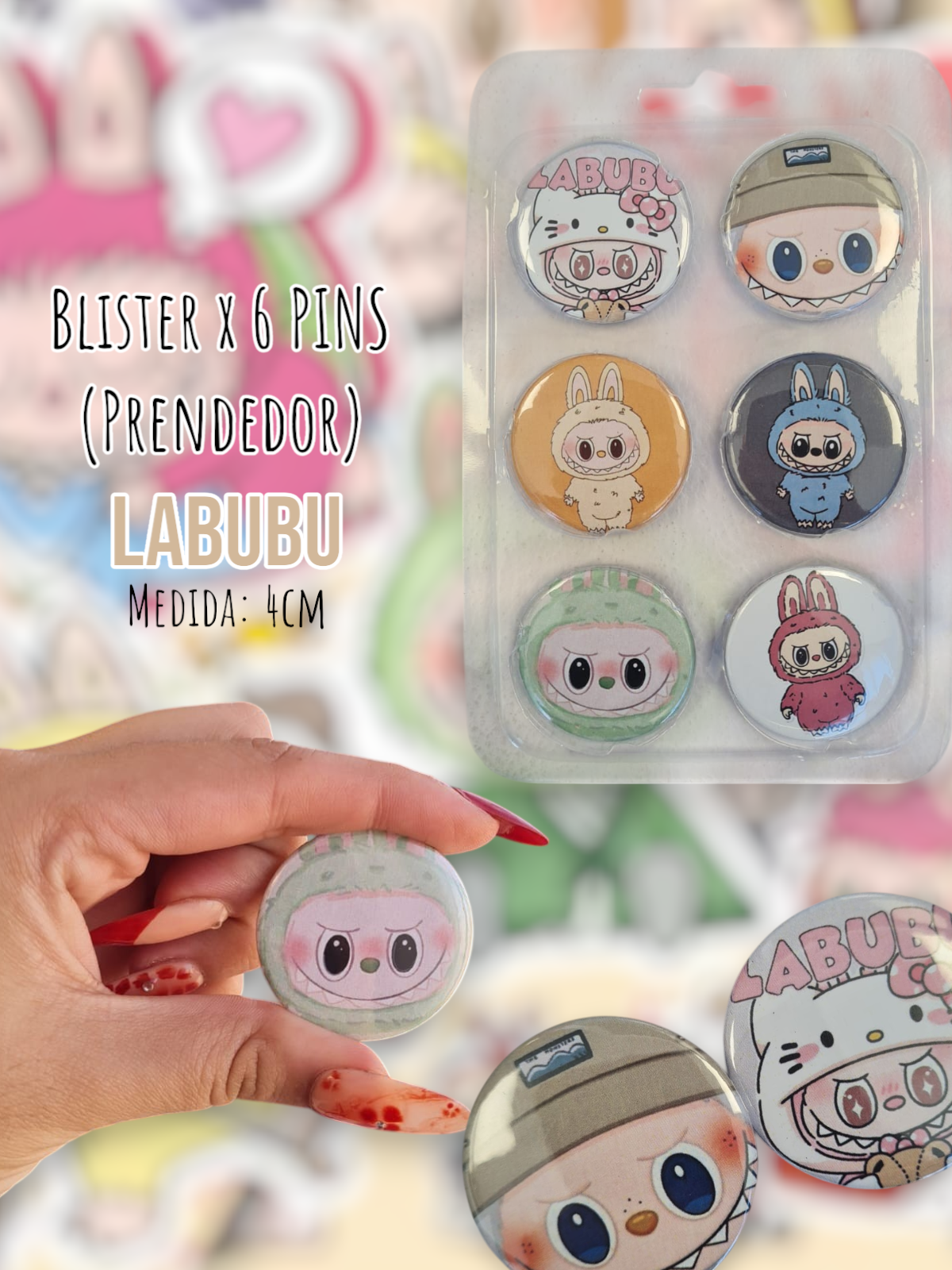 Blister de 6 PINS (Prendedor) Labubu 4cm