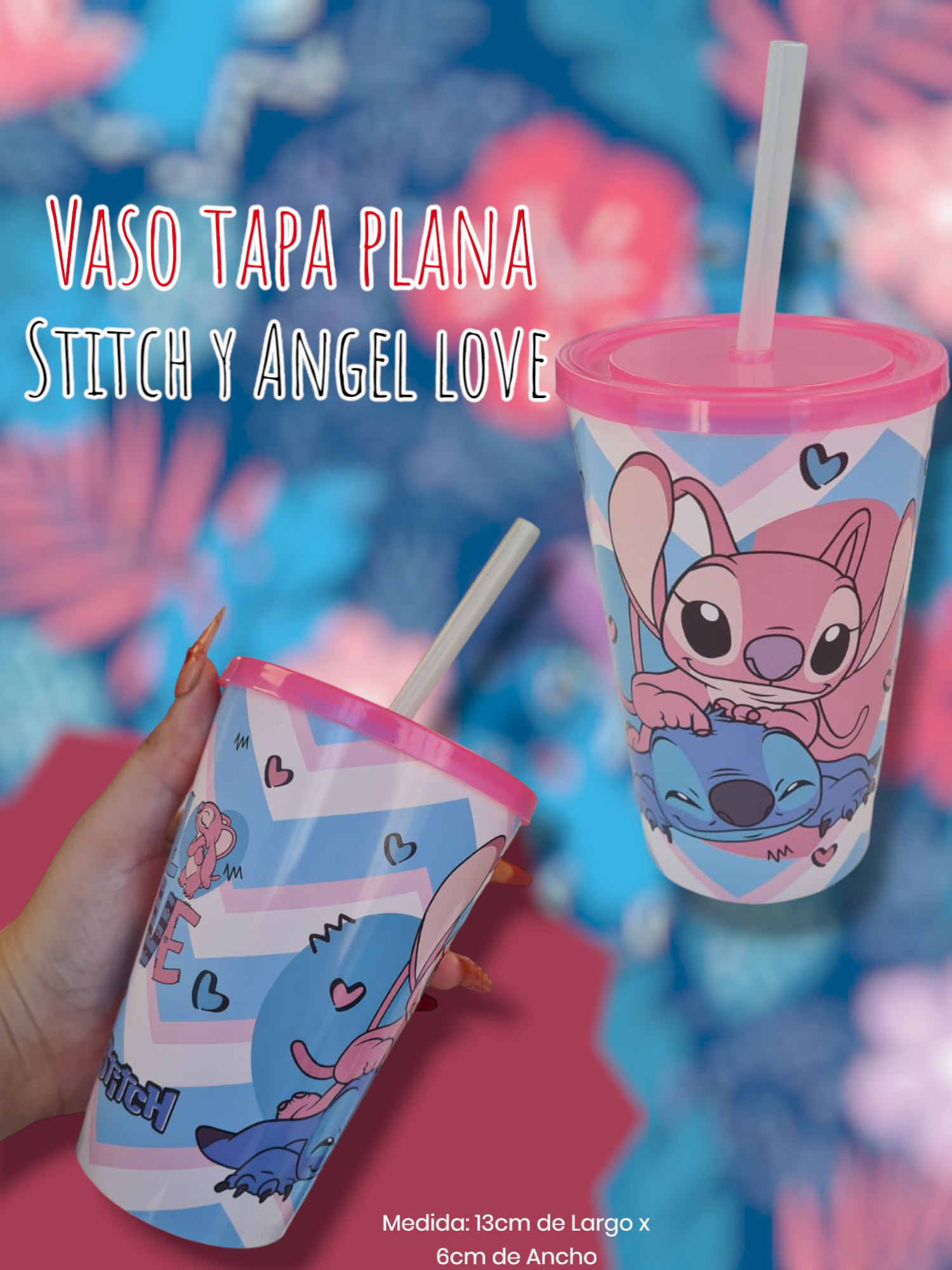 Vaso Tapa Plana Stitch y Angel Love