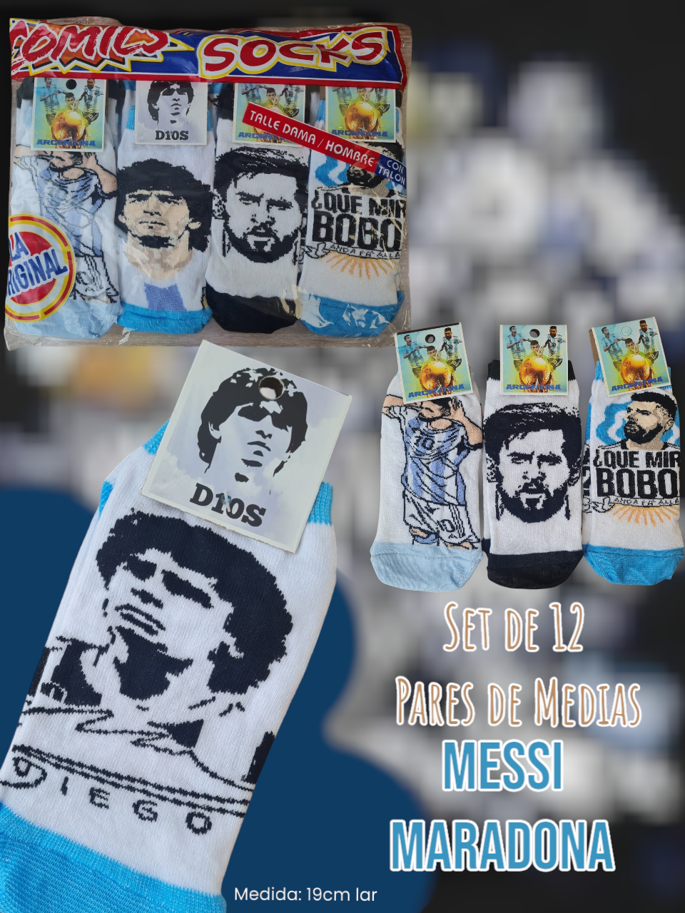 Set de 12 Pares de Medias Messi Maradona