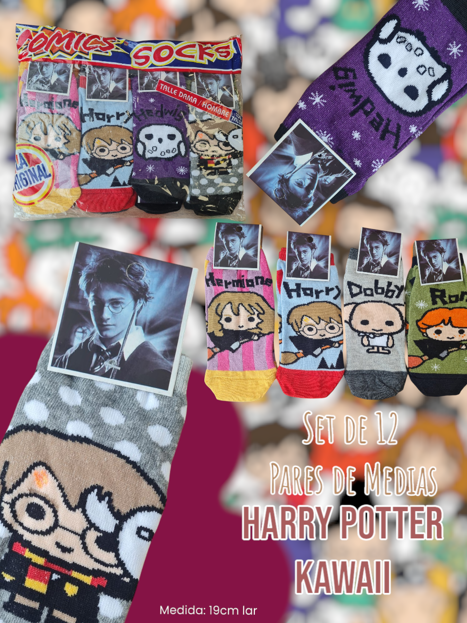 Set de 12 Pares de Medias Harry Potter Kawaii