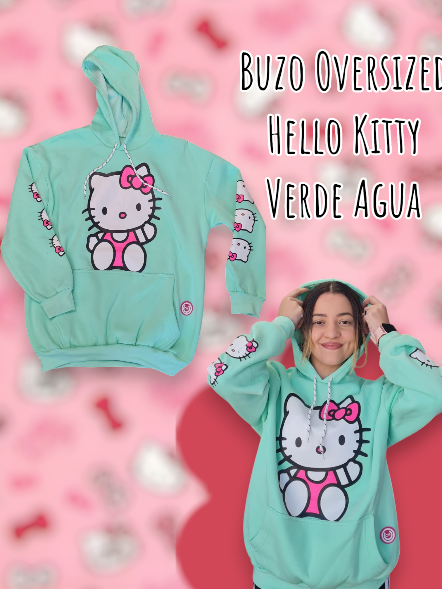 Buzo Oversized Hello Kitty Verde Agua