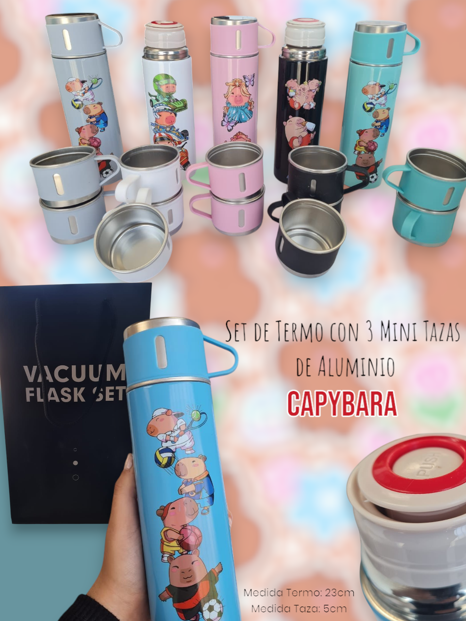 Set de Termo con 3 Mini Tazas de Aluminio Capybara