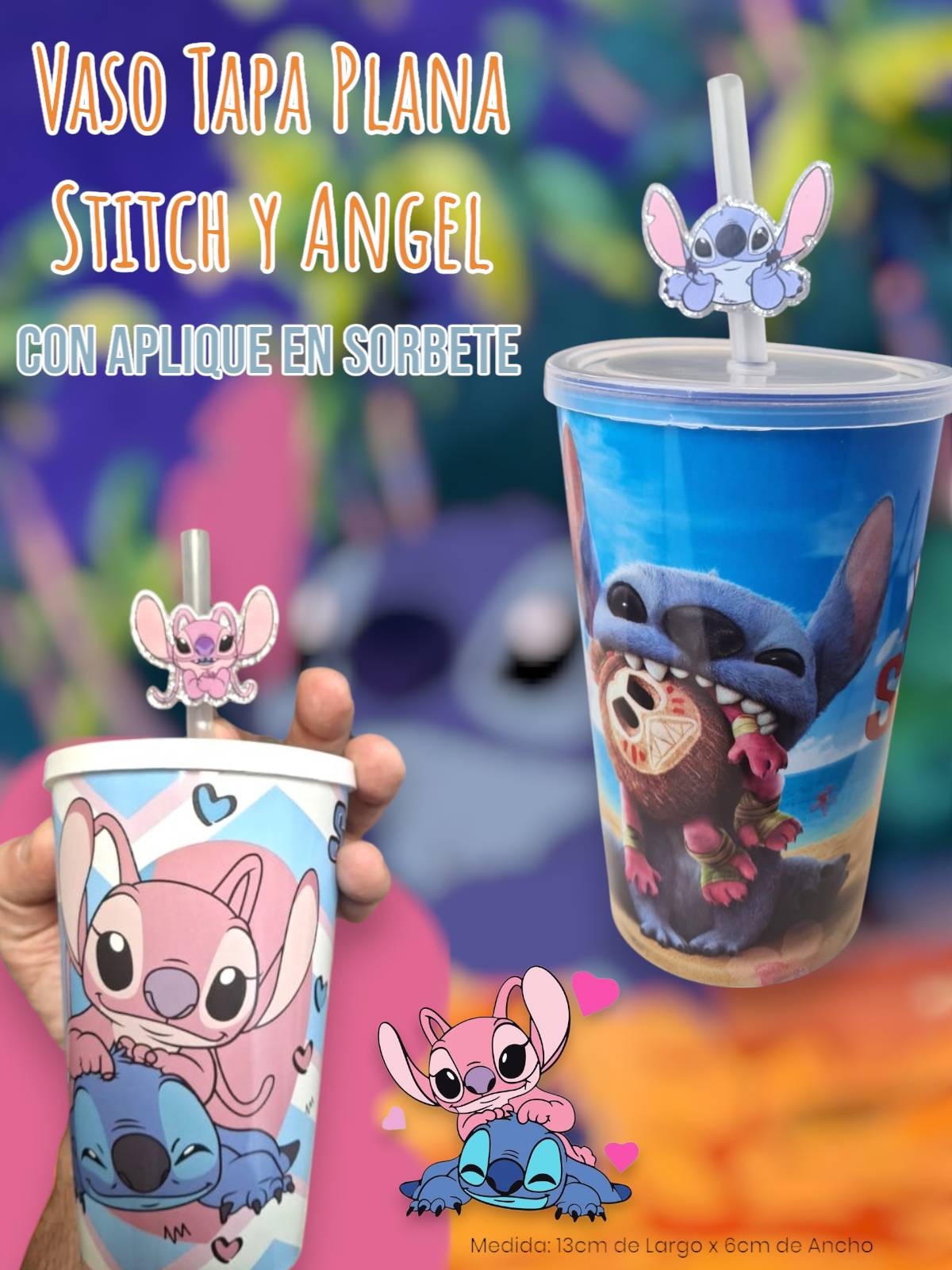Vaso Tapa Plana Angel y Stitch Con Aplique en Sorbete
