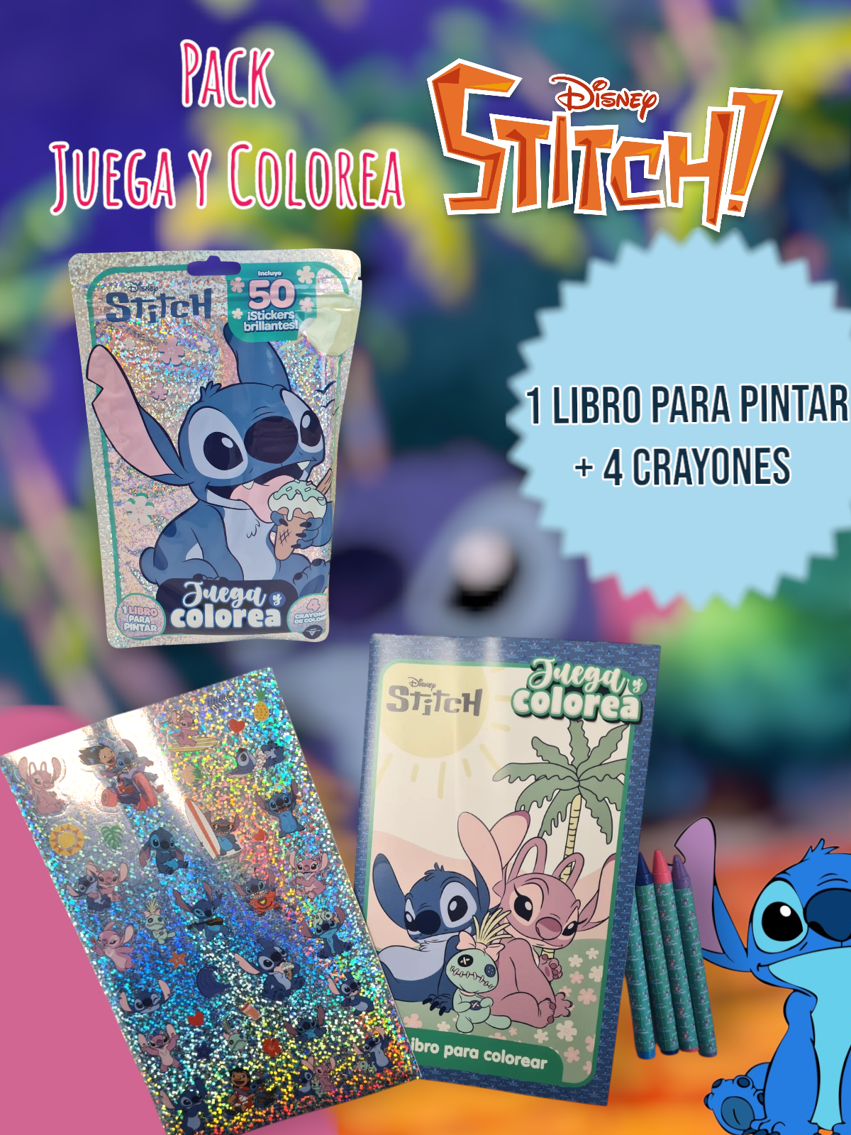 Pack Juega y Colorea Stitch 1 Libro Para Pintar + 4 Crayones
