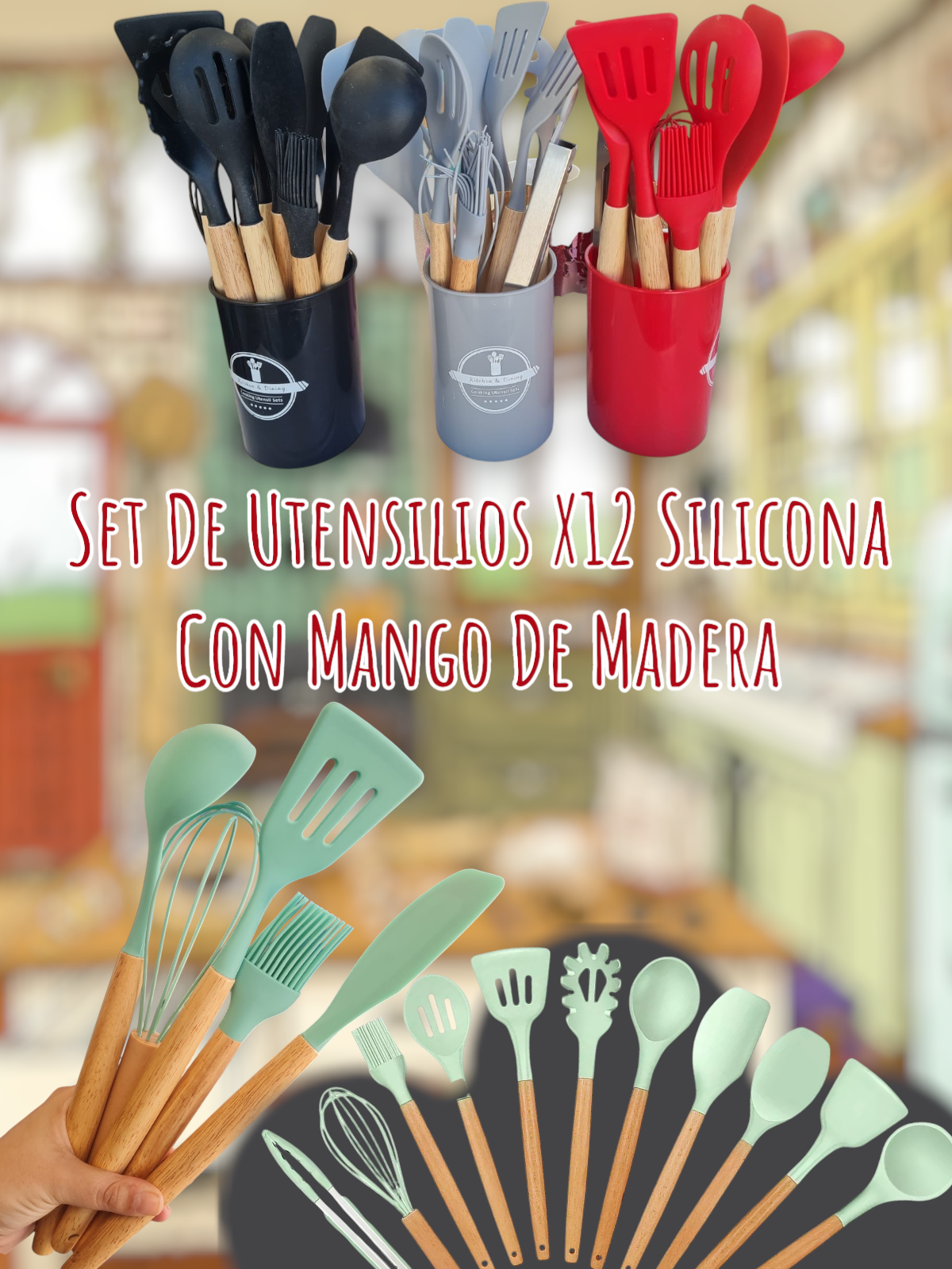 Set De Utensilios X12 Silicona Con Mango De Madera