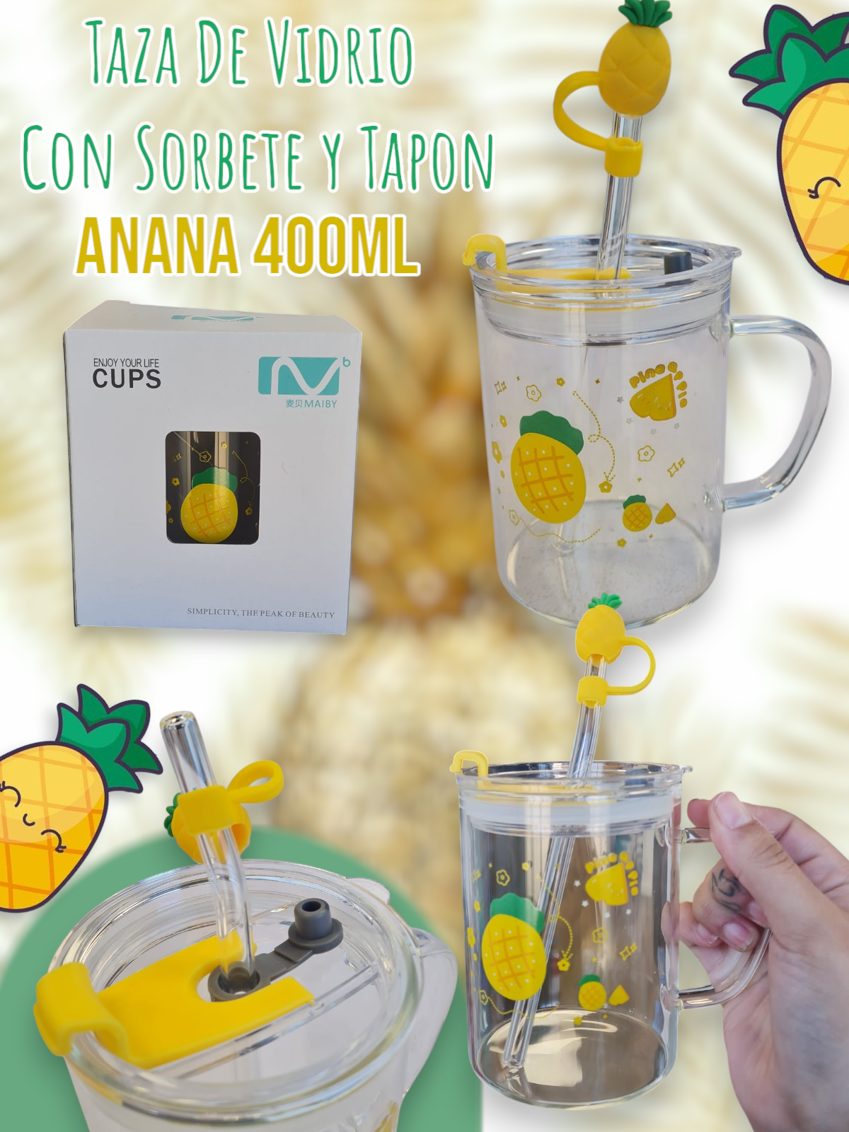 Taza De Vidrio Con Sorbete y Tapon Anana 400ml 