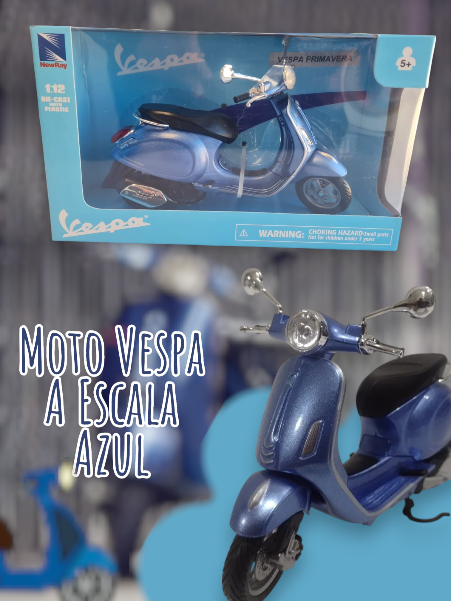 Moto Vespa azul en caja NEWRAY escala 1.12