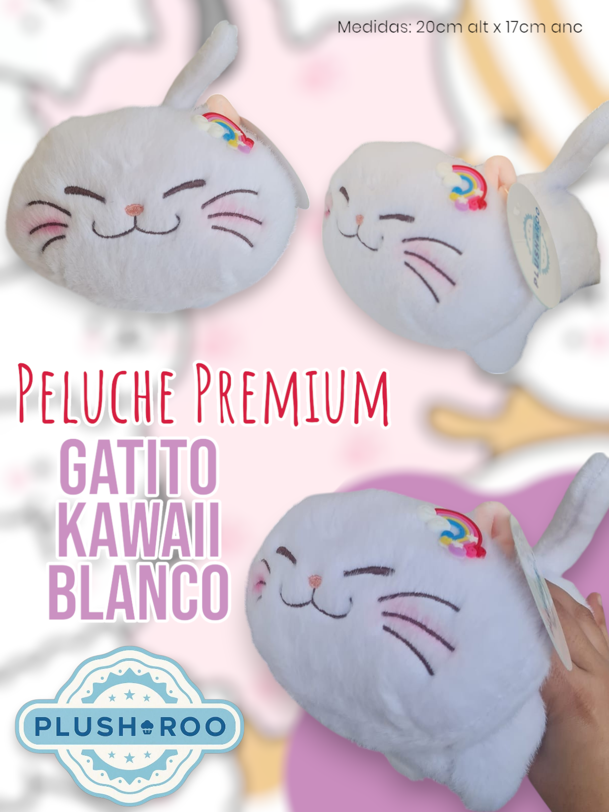 Peluche Premium PLUSHAROO Gatito Kawaii Blanco 