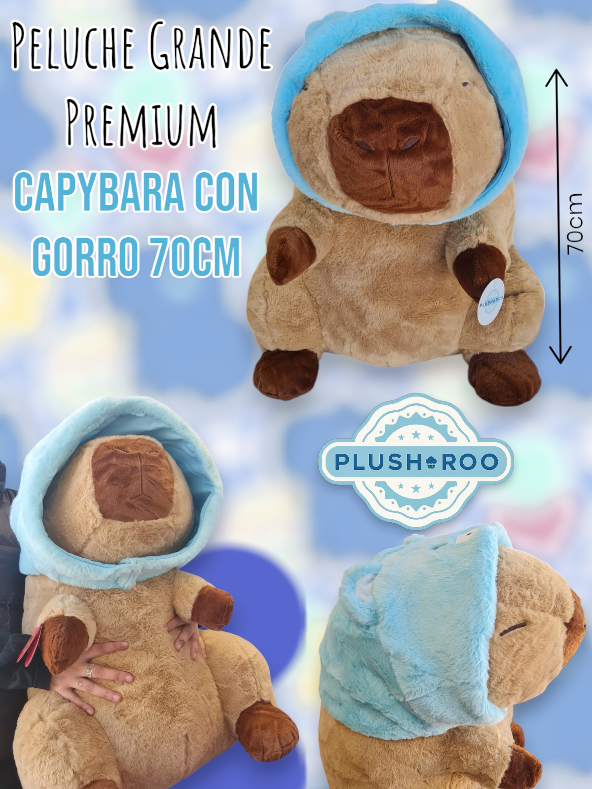 Peluche Premium PLUSHAROO Grande Capybara Con Gorro 70cm 