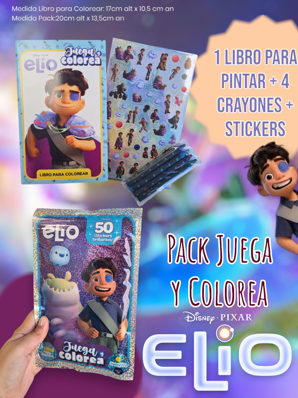 Pack Juega y Colorea Elio 1 Libro Para Pintar + 4 Crayones + Stickers
