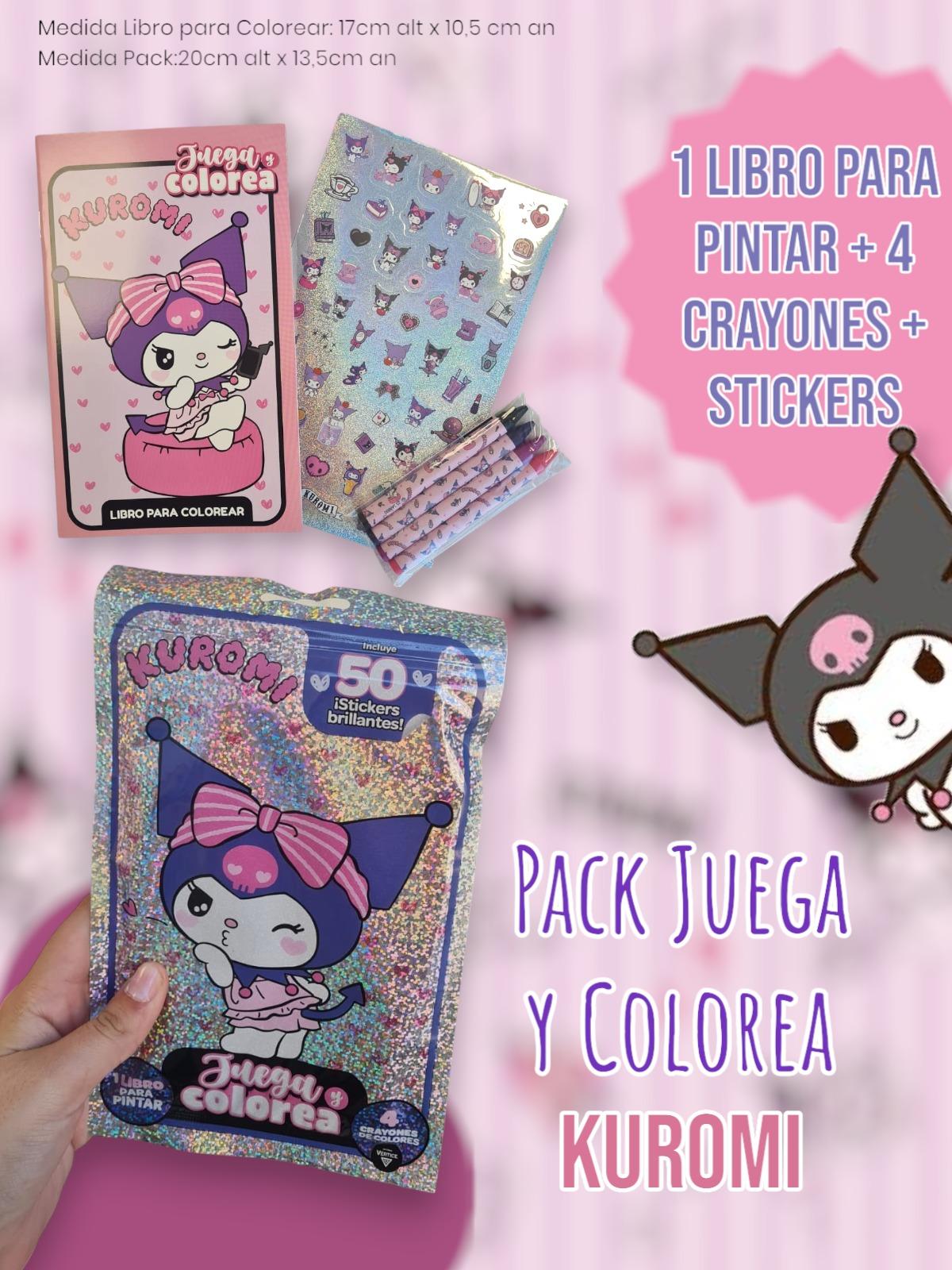 Pack Juega y Colorea Kuromi 1 Libro Para Pintar + 4 Crayones + Stickers