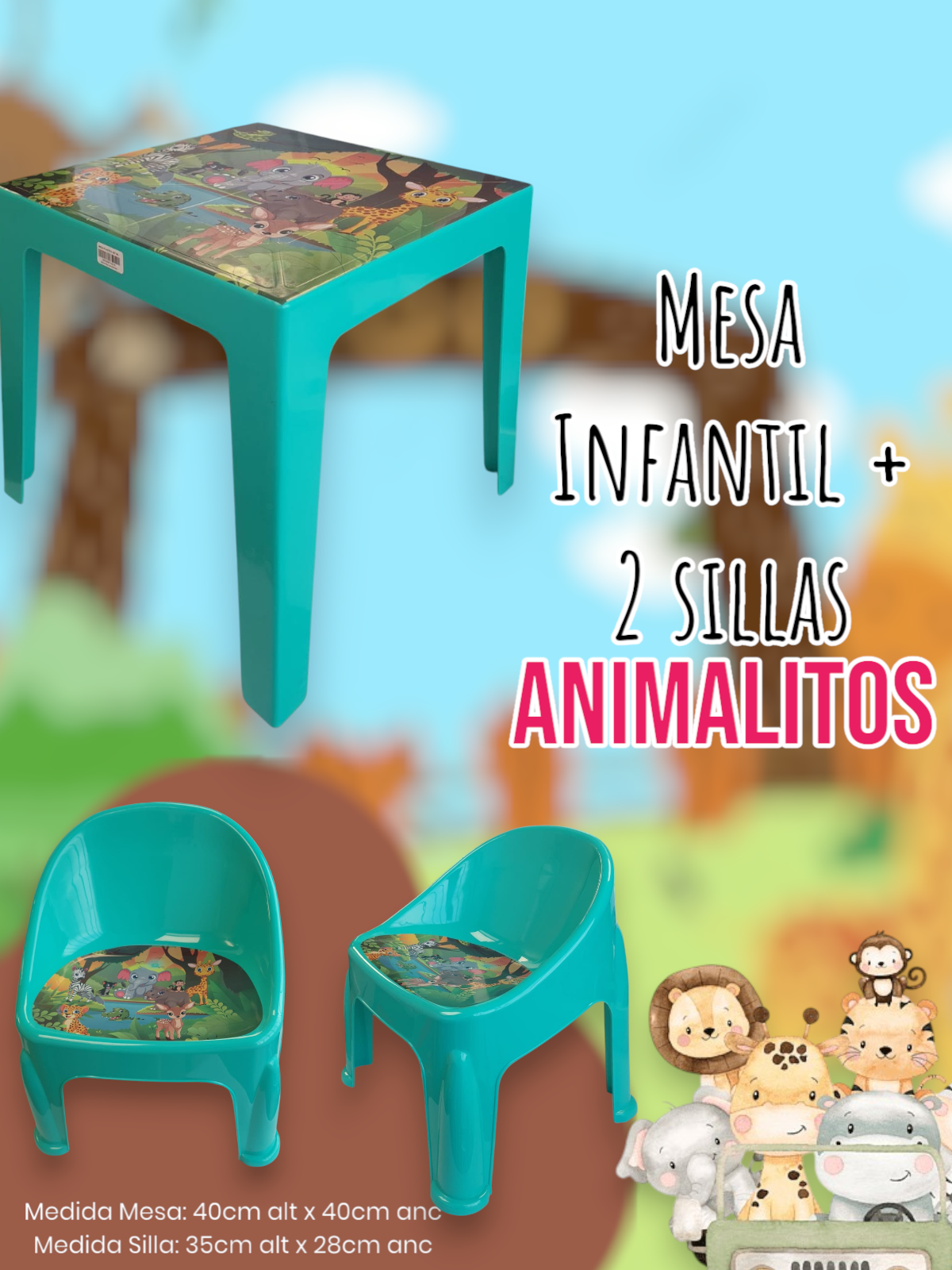 Mesa Infantil + 2 Sillas Animalitos