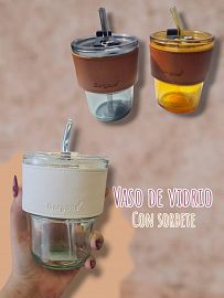 Vaso de Vidrio con banda de cuero y Sorbete 400ml