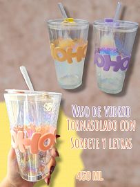 Vaso de Vidrio Tornasolado Con Sorbete y Letras 450ml