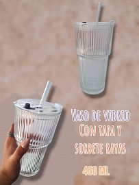 Vaso de Vidrio con Tapa y Sorbete Rayas 450ml 